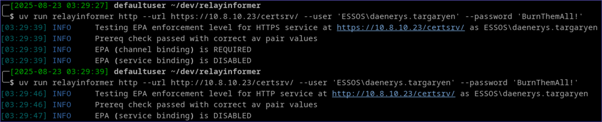 RelayInformer Python HTTP/HTTPS module output against ADCS web enrollment