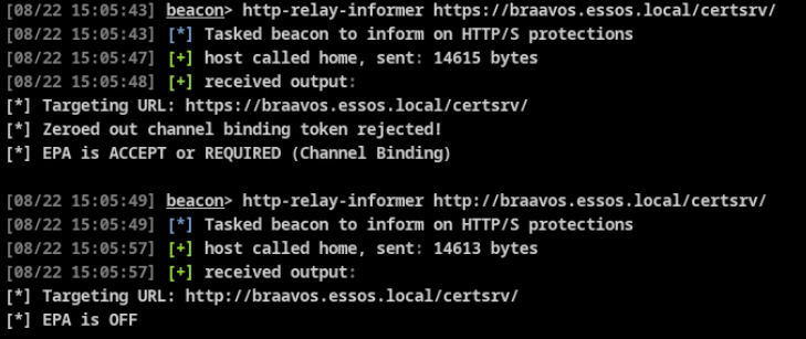 RelayInformer BOF output from Cobalt Strike against ADCS web enrollment showing EPA detection