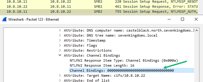 Wireshark capture showing null MsvAvChannelBindings in NTLM Type 3 message