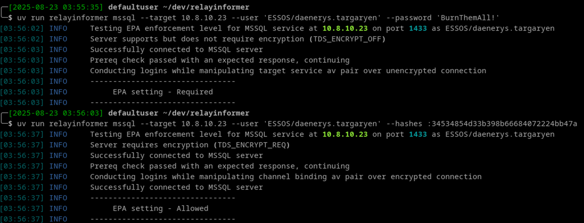 RelayInformer Python MSSQL module output showing EPA enforcement level detection