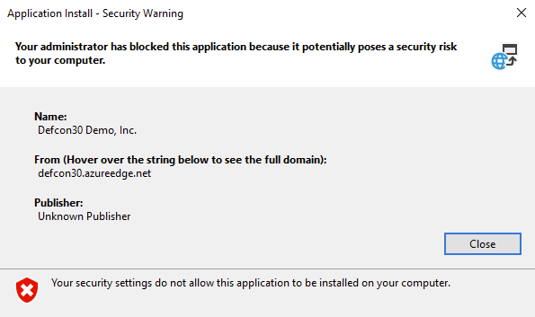 Prevention of ClickOnce Installation from Internet Trust Zone